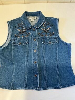Vintage Denim Embroidered Vest Boho Embellished Women Sz L